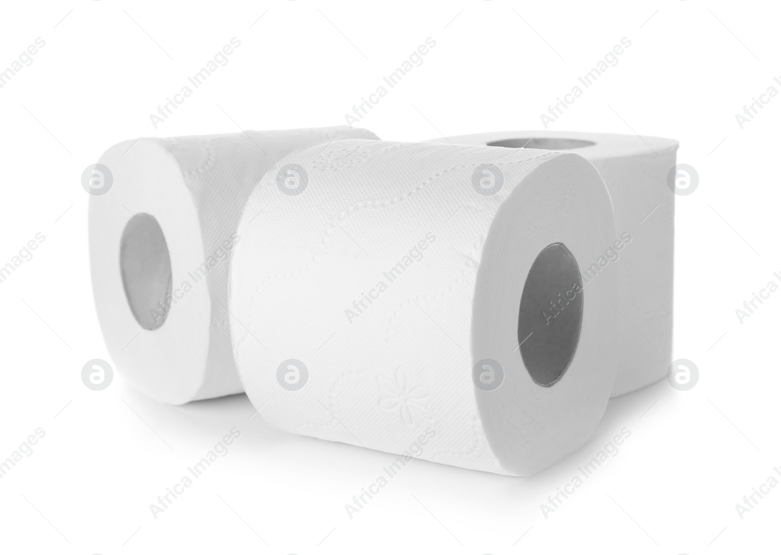 Photo of Rolls of toilet paper on white background. Personal hygiene