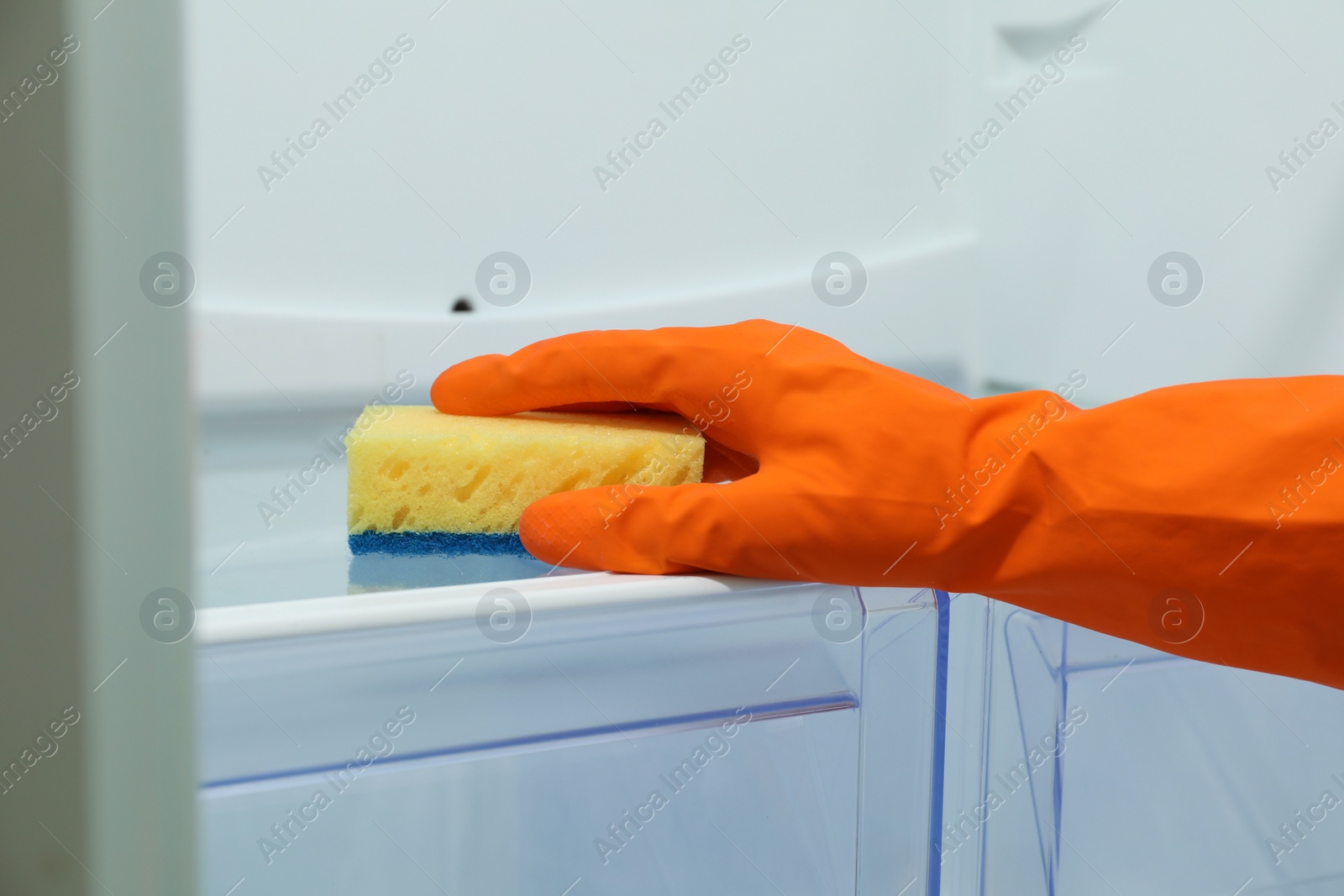 Photo of Worker in rubber gloves cleaning empty refrigerator, closeup