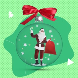 Image of Winter holidays bright artwork. Transparent Christmas ornament with Santa Claus inside against bright color background, creative collage