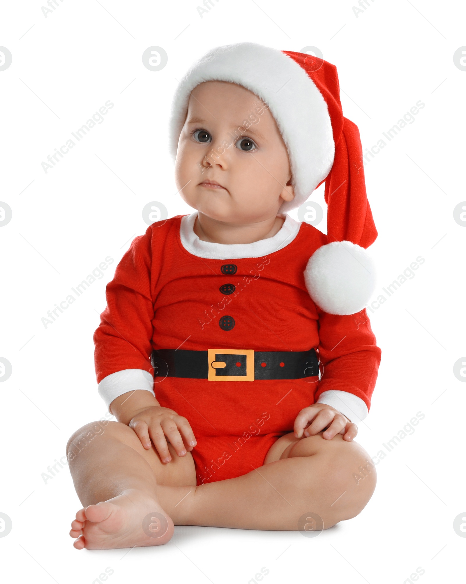 Photo of Cute little baby wearing festive Christmas costume on white background