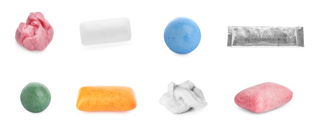 Set of different chewing gums on white background