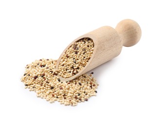 Scoop with raw quinoa seeds isolated on white