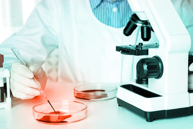 Image of Scientist examining blood sample with microscope, closeup. Laboratory analysis