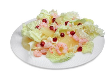 Photo of Delicious salad with Chinese cabbage, shrimps and pineapple isolated on white