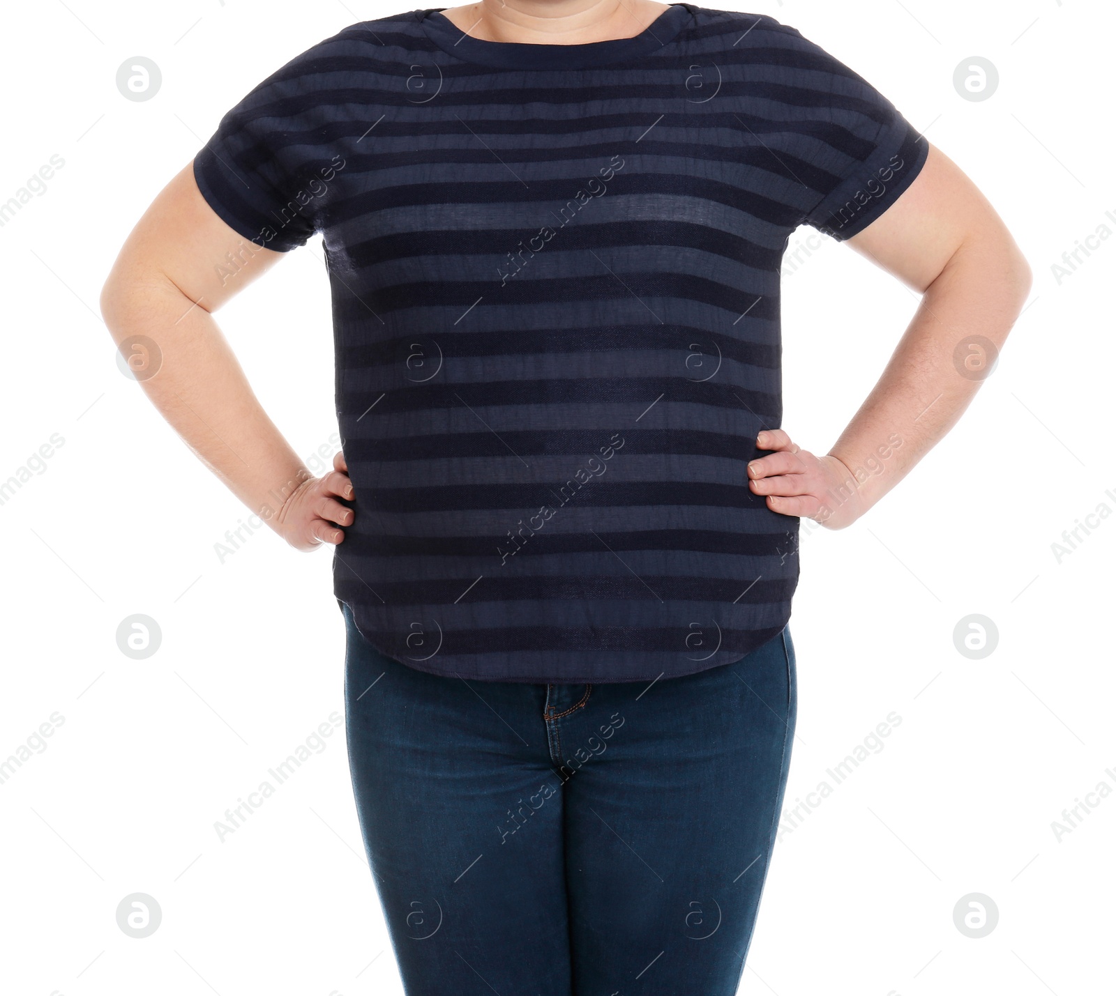 Photo of Overweight woman on white background, closeup. Weight loss