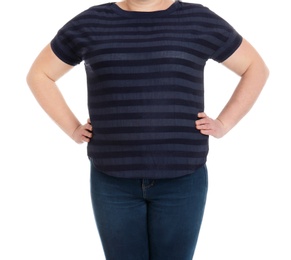 Photo of Overweight woman on white background, closeup. Weight loss