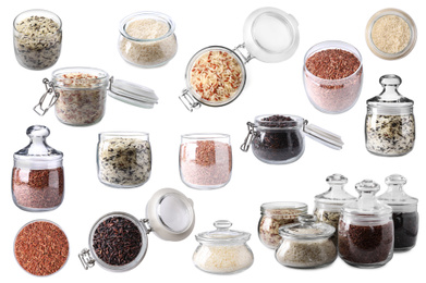 Image of Set with different types of rice in jars on white background