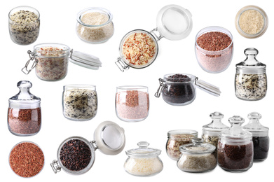 Set with different types of rice in jars on white background