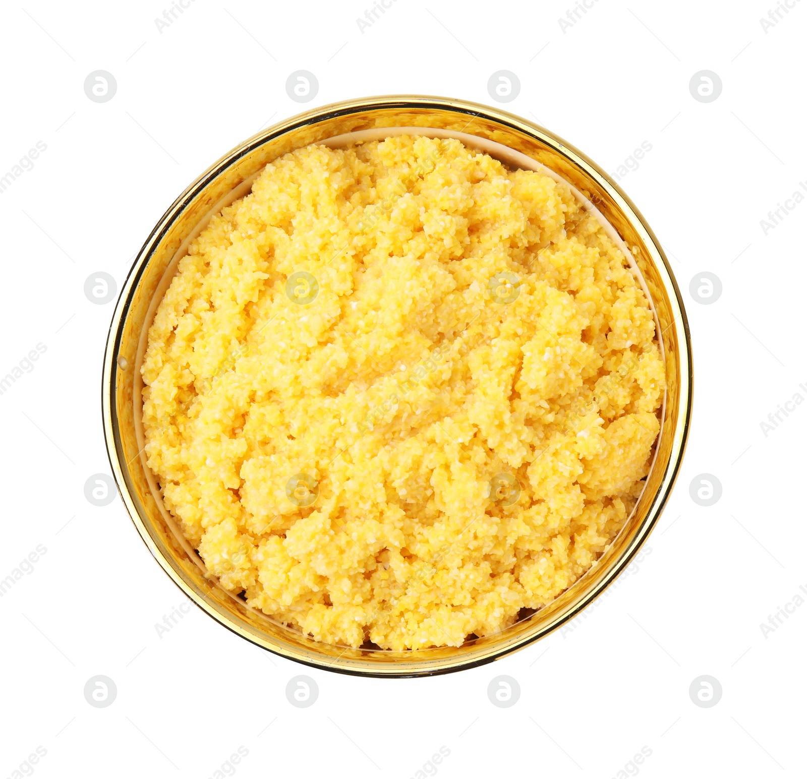 Photo of Tasty cornmeal in bowl isolated on white, top view