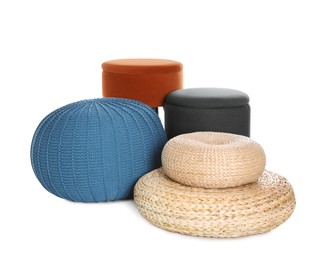 Different poufs on white background. Home design