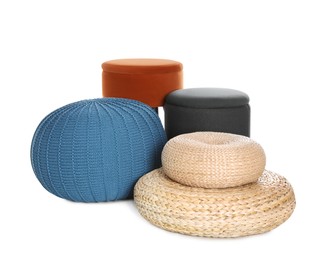 Photo of Different poufs on white background. Home design