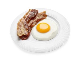 Tasty fried egg with bacon in plate isolated on white