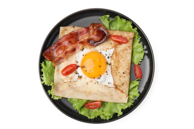 Delicious crepe with egg isolated on white, top view. Breton galette