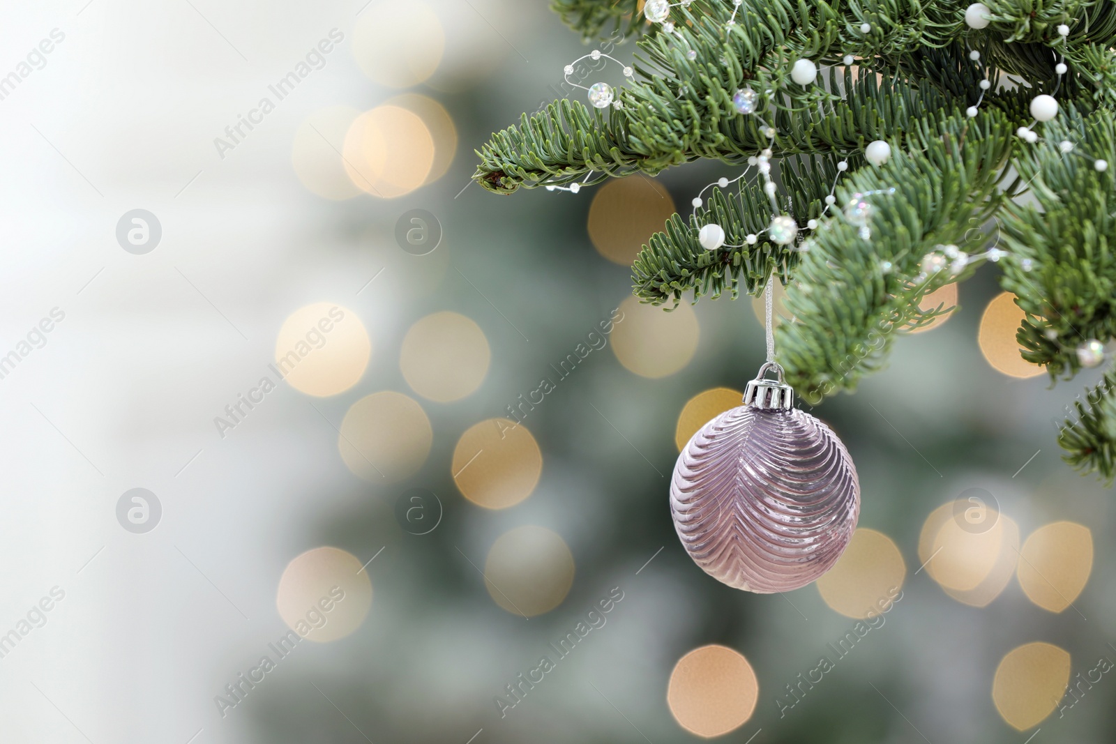 Photo of Pink Christmas ball hanging on fir tree against blurred festive lights. Space for text