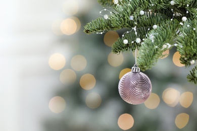 Pink Christmas ball hanging on fir tree against blurred festive lights. Space for text