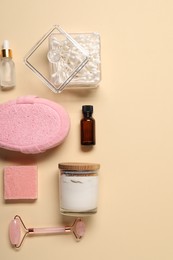 Bath accessories. Flat lay composition with personal care products on beige background, space for text