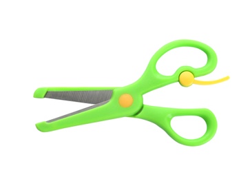 Photo of Pair of training scissors on white background