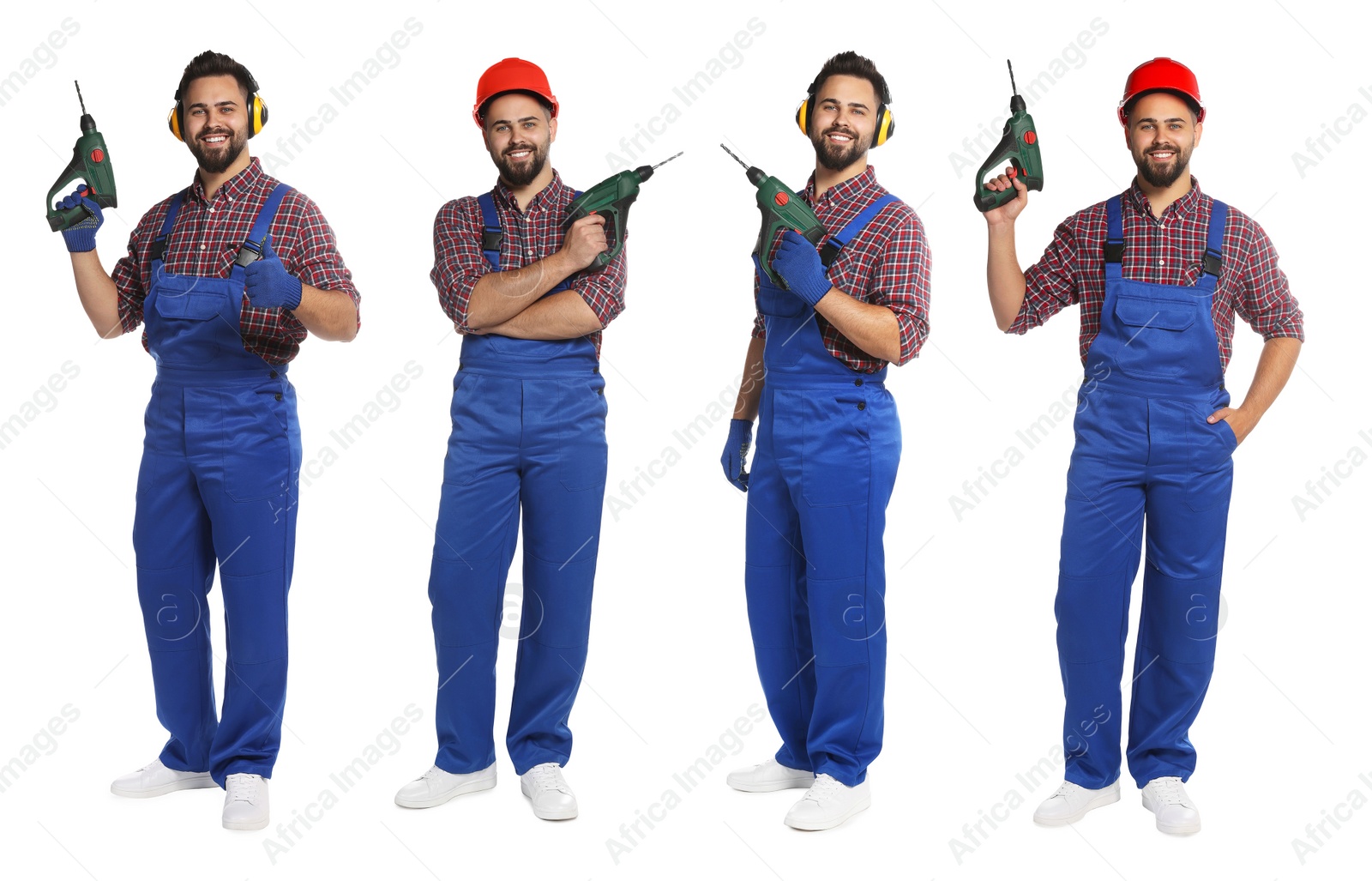 Image of Collage with photos of young worker in uniform with power drill on white background