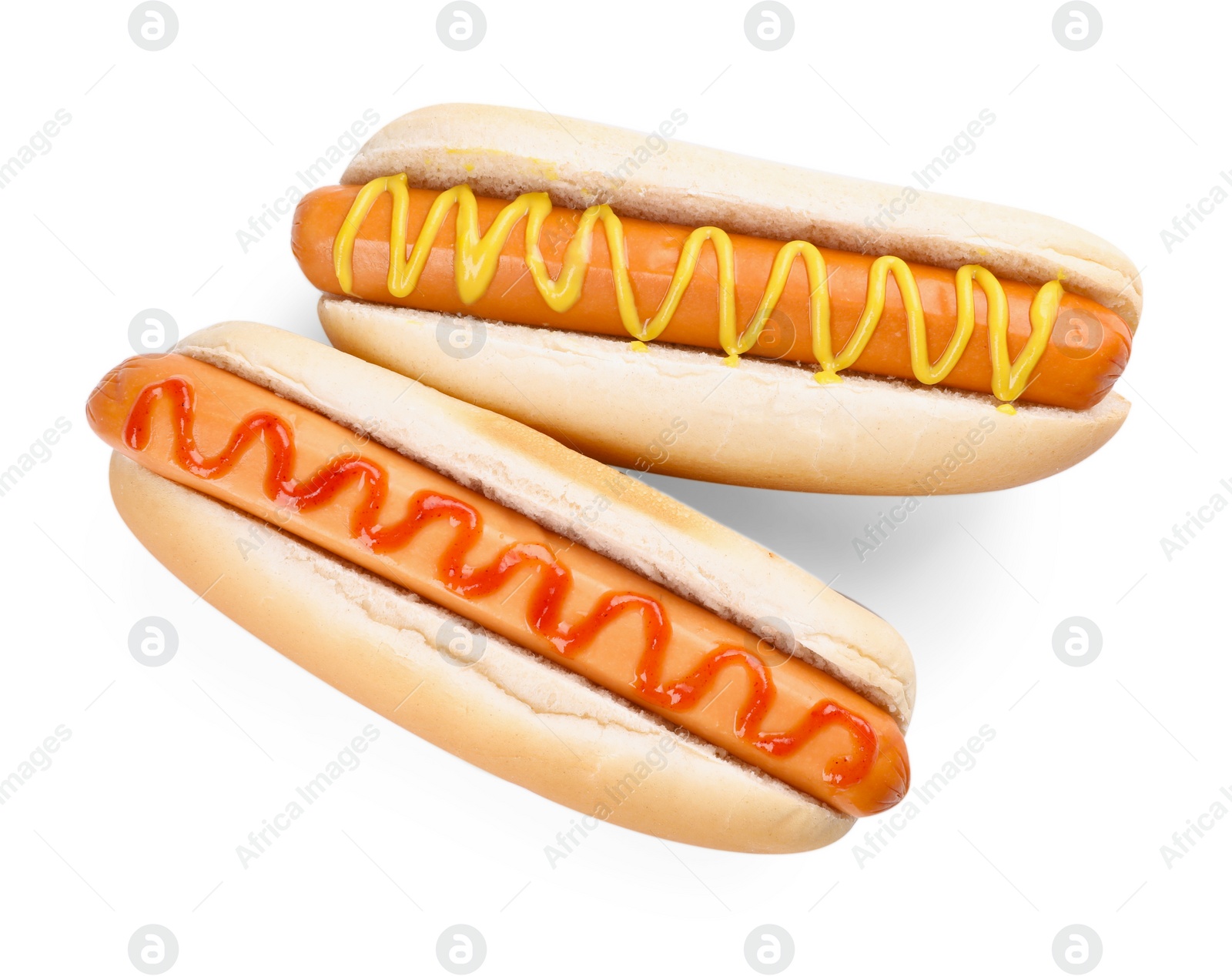 Photo of Tasty hot dogs with ketchup and mustard isolated on white, top view