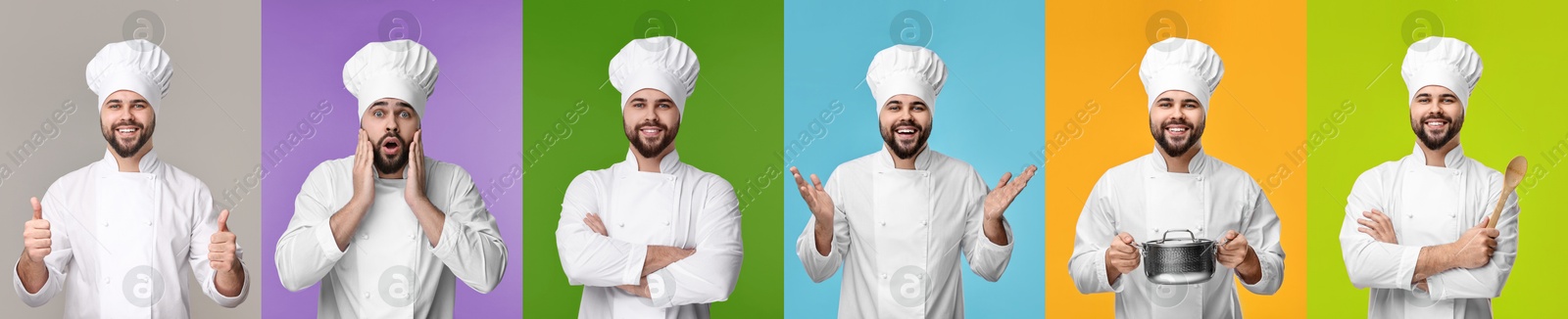 Image of Collage with photos of professional chef on different color backgrounds