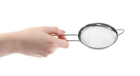 Photo of Woman with metal sieve on white background, closeup