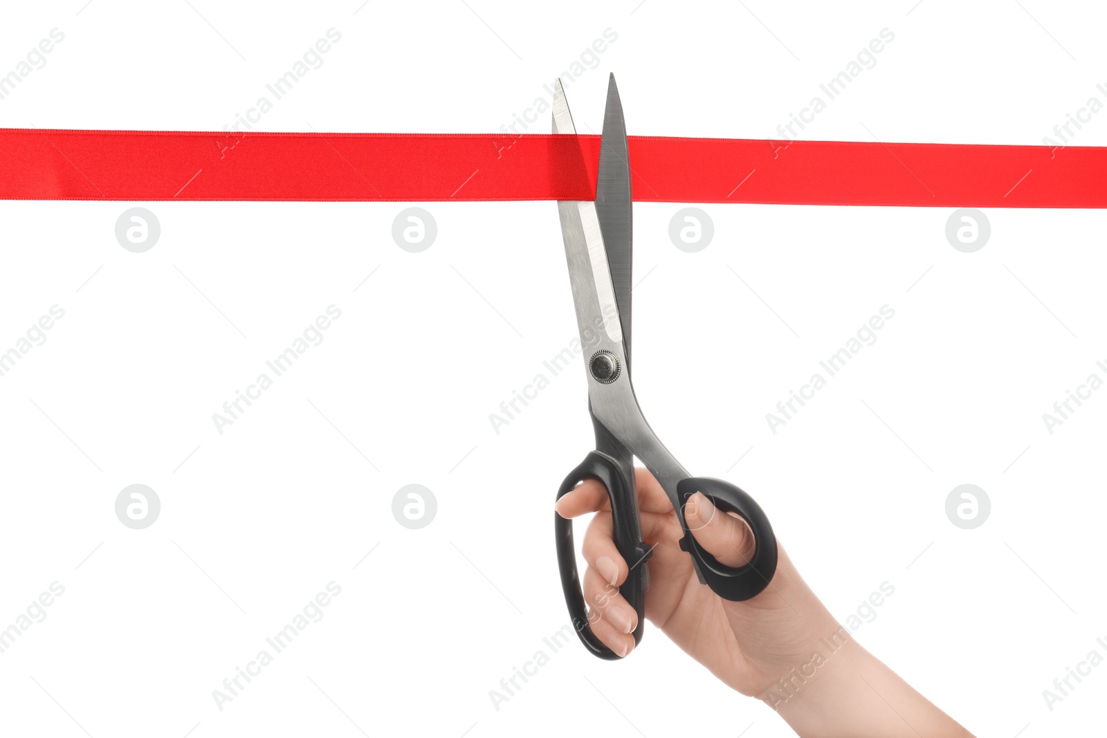 Photo of Woman cutting red ribbon with scissors on white background. Traditional ceremony