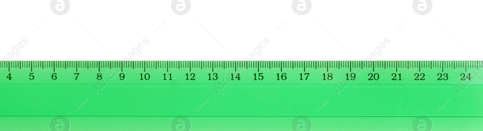 Photo of Ruler with measuring length markings in centimeters isolated on white, top view