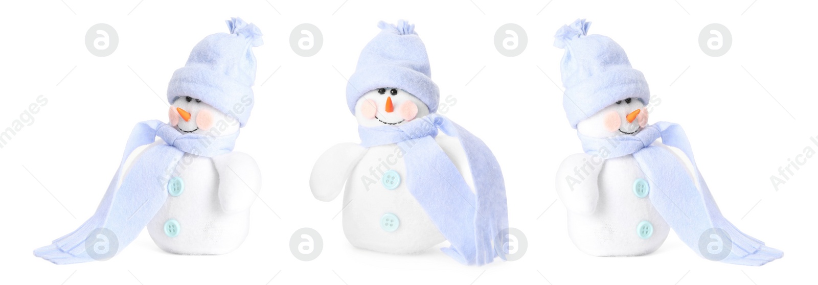 Image of Set with cute small snowman toys on white background. Banner design