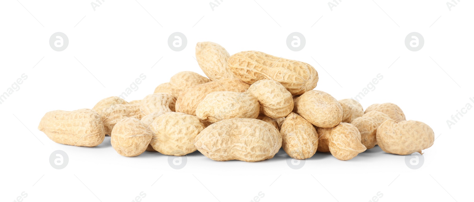 Photo of Pile of fresh unpeeled peanuts isolated on white