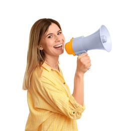 Young woman shouting into megaphone on white background