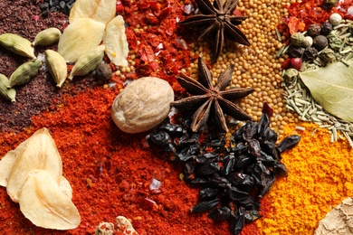 Different aromatic spices as background, top view