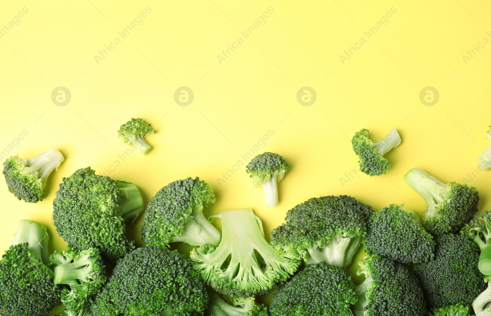 Photo of Flat lay composition with fresh green broccoli on color background. Space for text