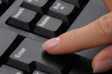 Photo of Woman pressing button on computer keyboard, closeup