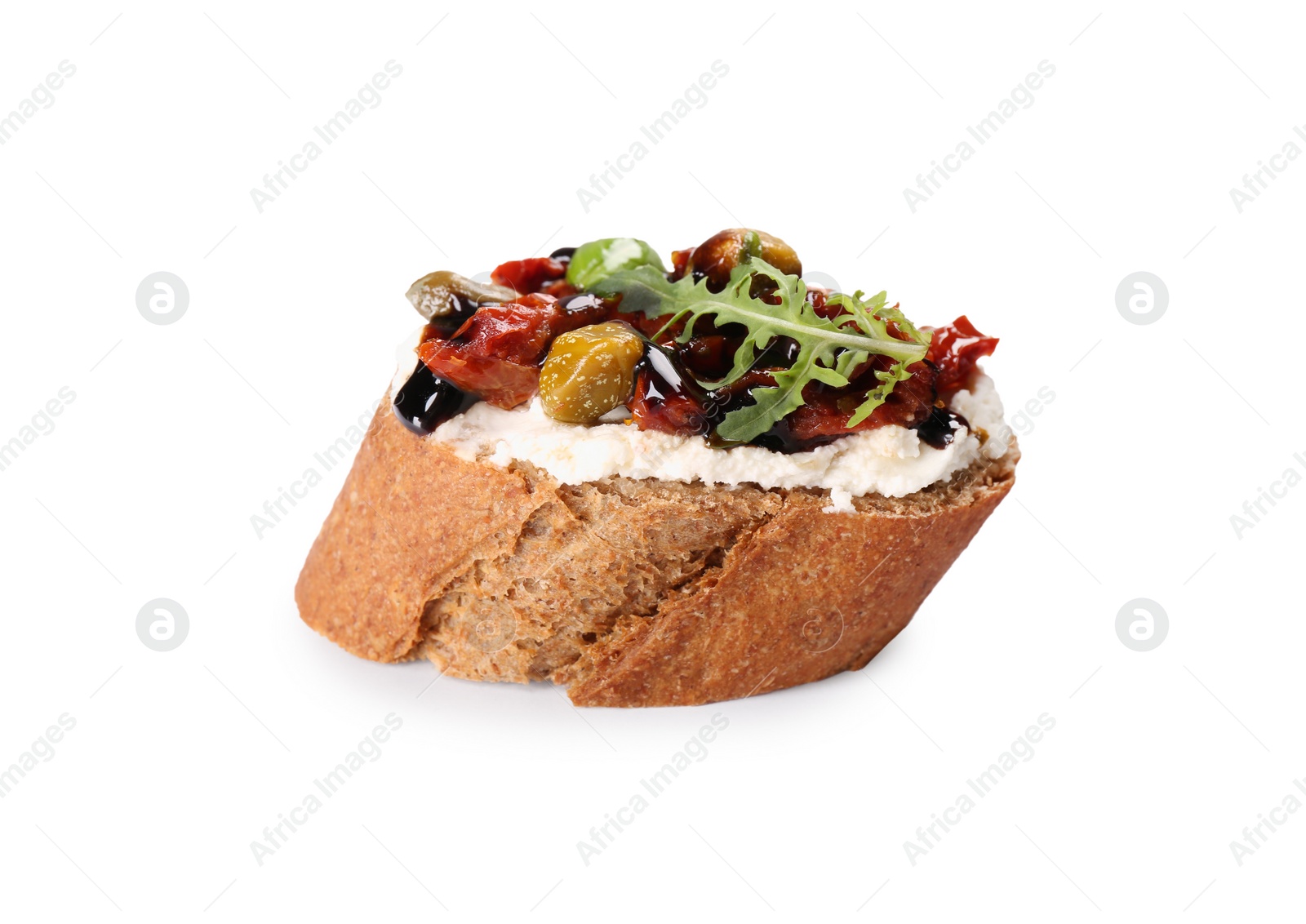 Photo of Delicious bruschetta with balsamic vinegar and toppings isolated on white