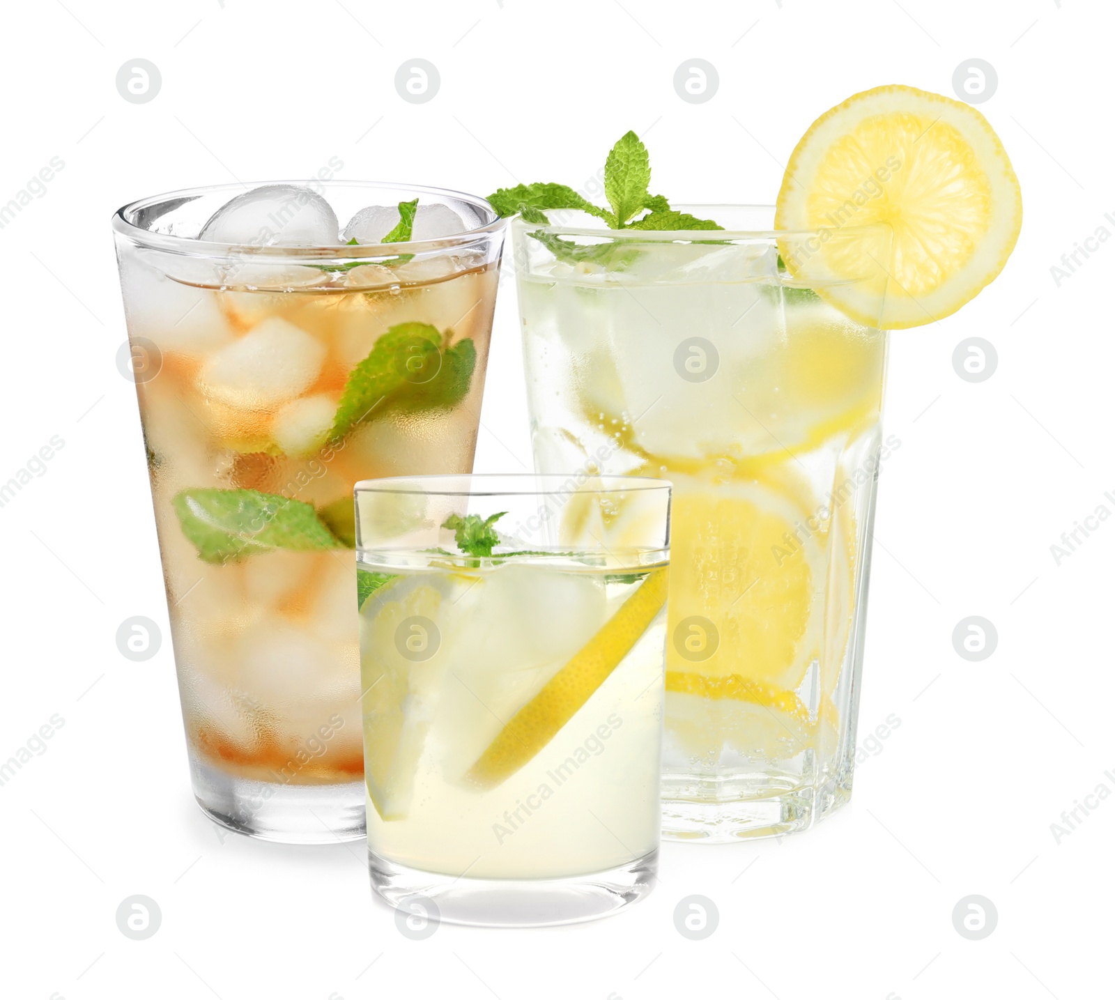 Image of Set of refreshing nonalcoholic drinks on white background