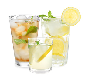 Image of Set of refreshing nonalcoholic drinks on white background