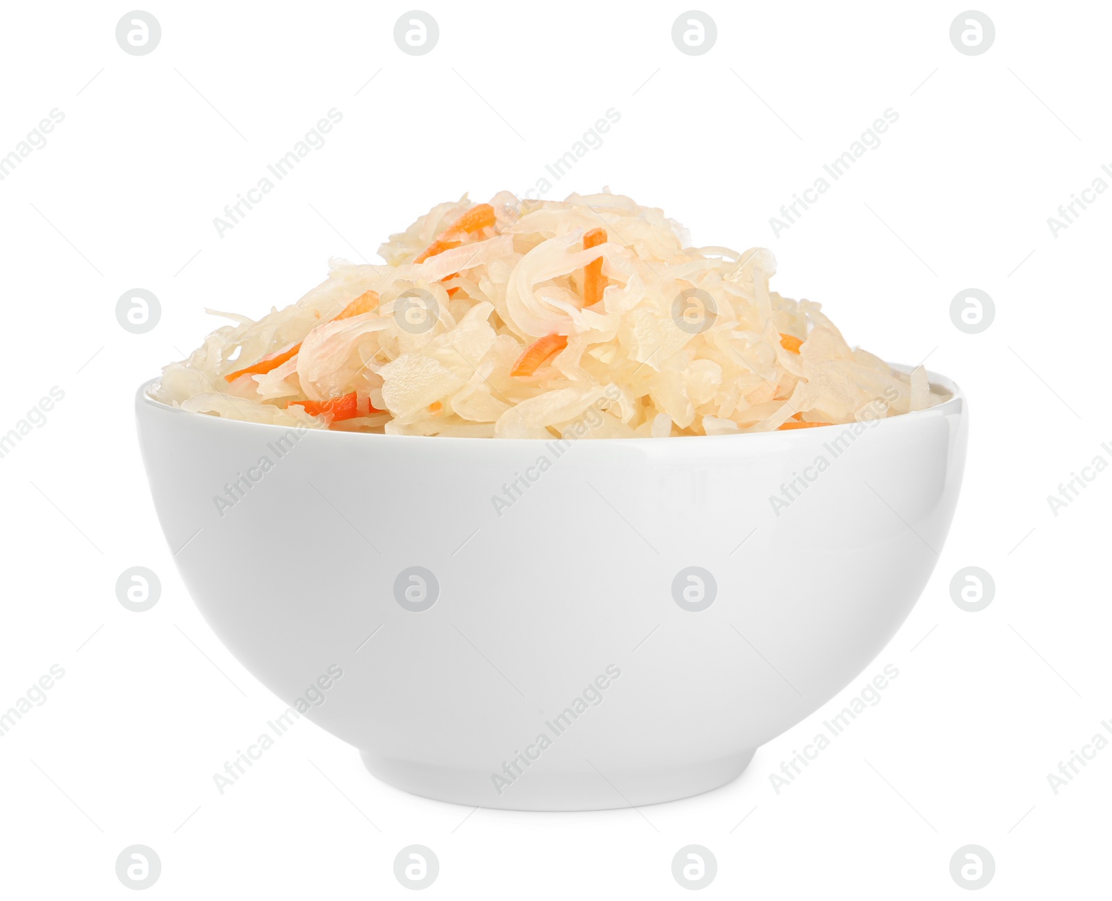 Photo of Bowl of tasty sauerkraut with carrot on white background