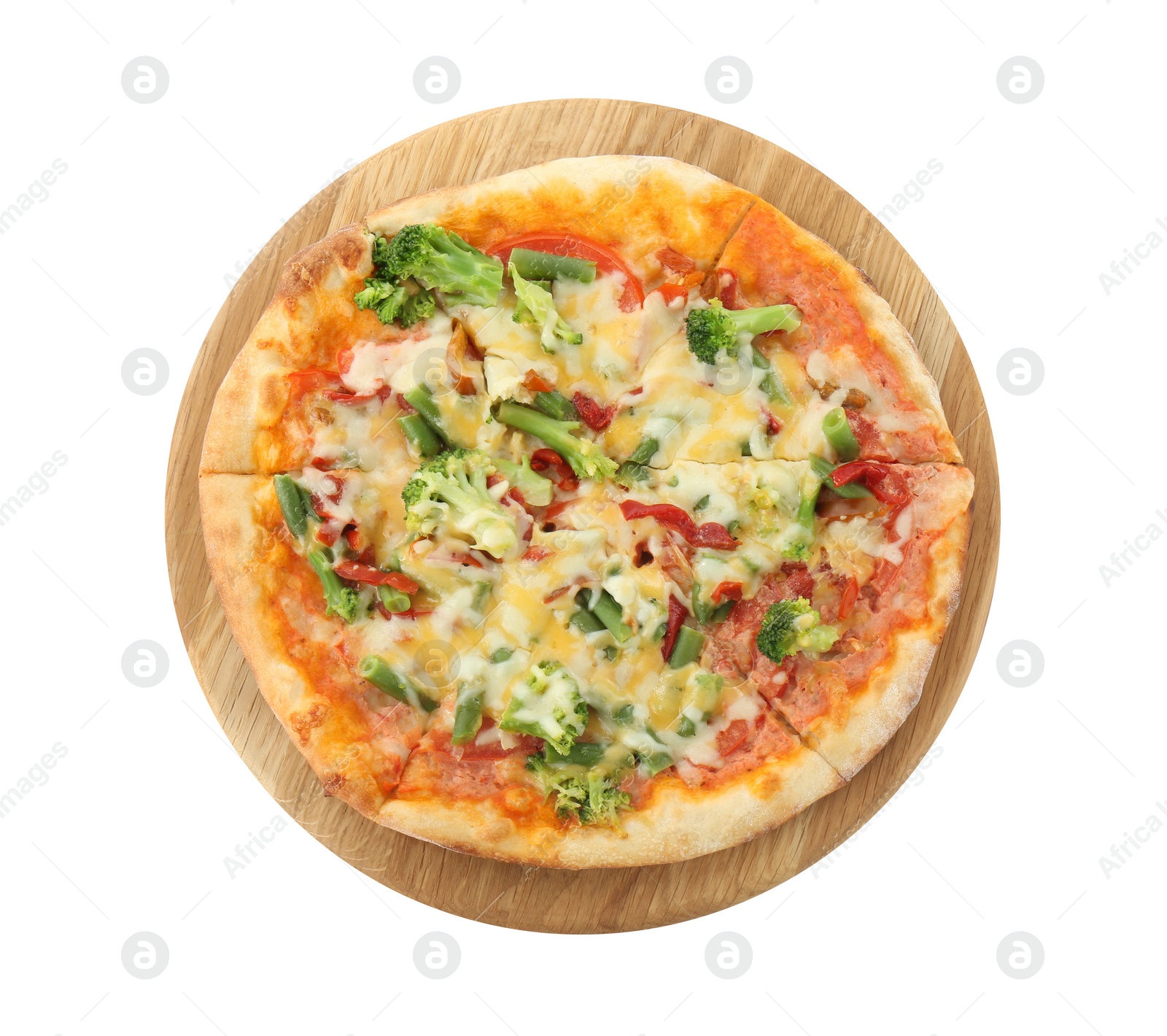 Photo of Board with delicious vegetarian pizza isolated on white, top view