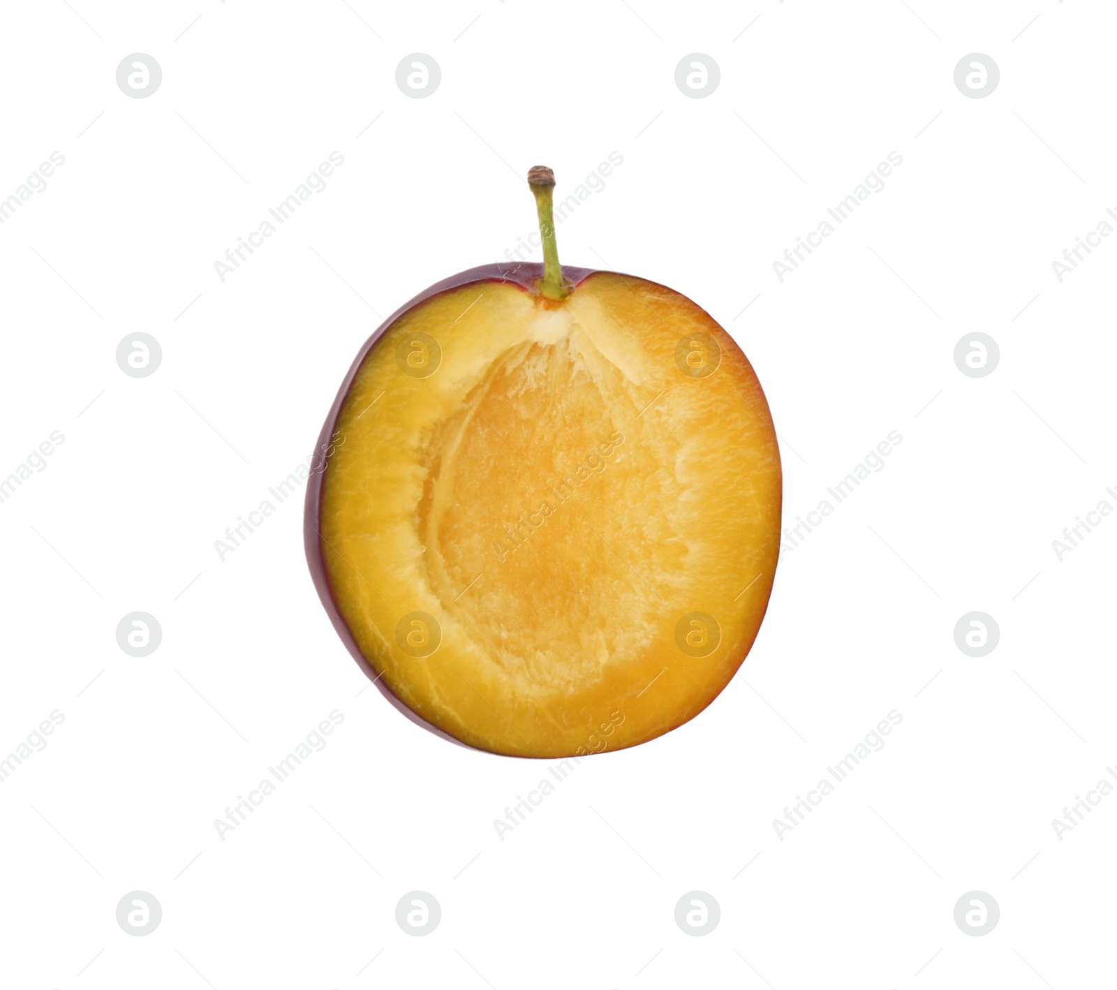 Photo of Half of ripe plum isolated on white, top view