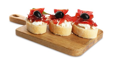 Delicious sandwiches with bresaola, cream cheese, olives and tomato isolated on white