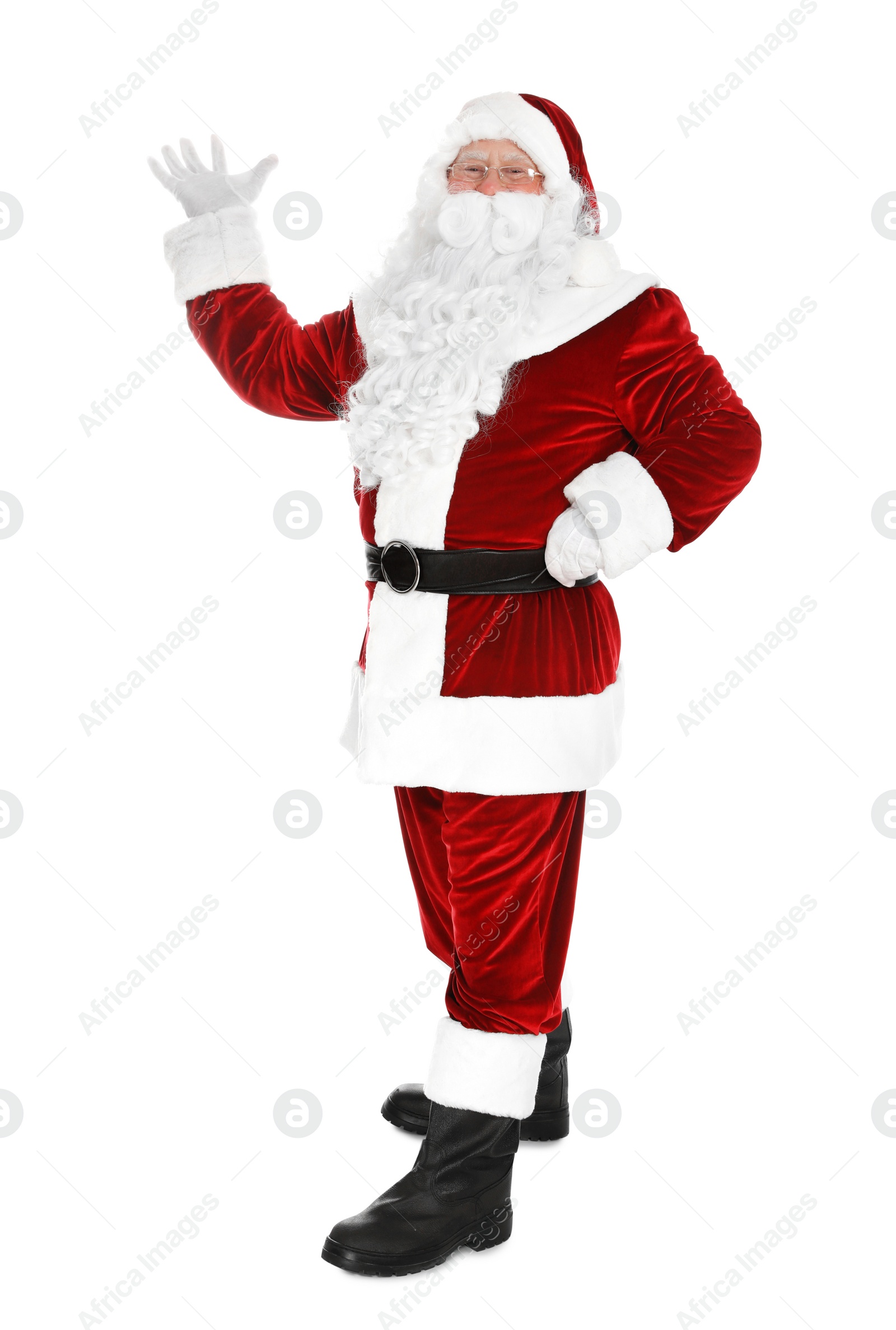 Photo of Happy authentic Santa Claus on white background