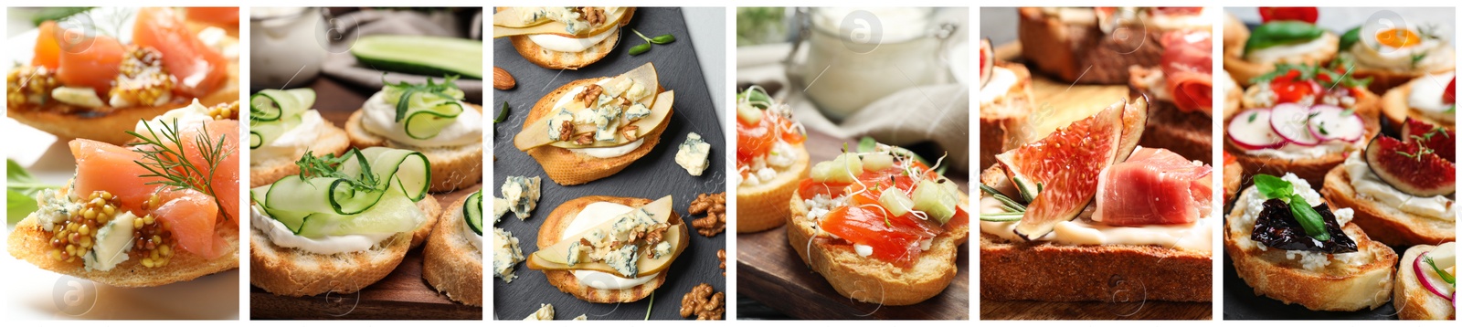 Image of Collage of different tasty bruschettas. Banner design 