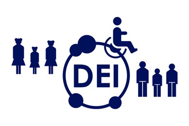 Concept of DEI - Diversity, Equality, Inclusion. Illustration of people, person with disability and abbreviation on white background
