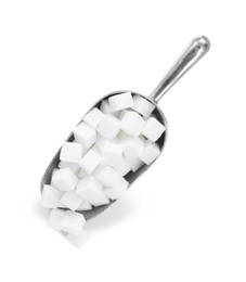 Photo of Sugar cubes in metal scoop isolated on white, top view