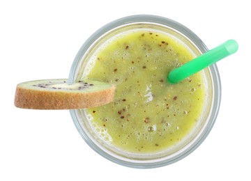 Photo of Delicious kiwi smoothie isolated on white, top view