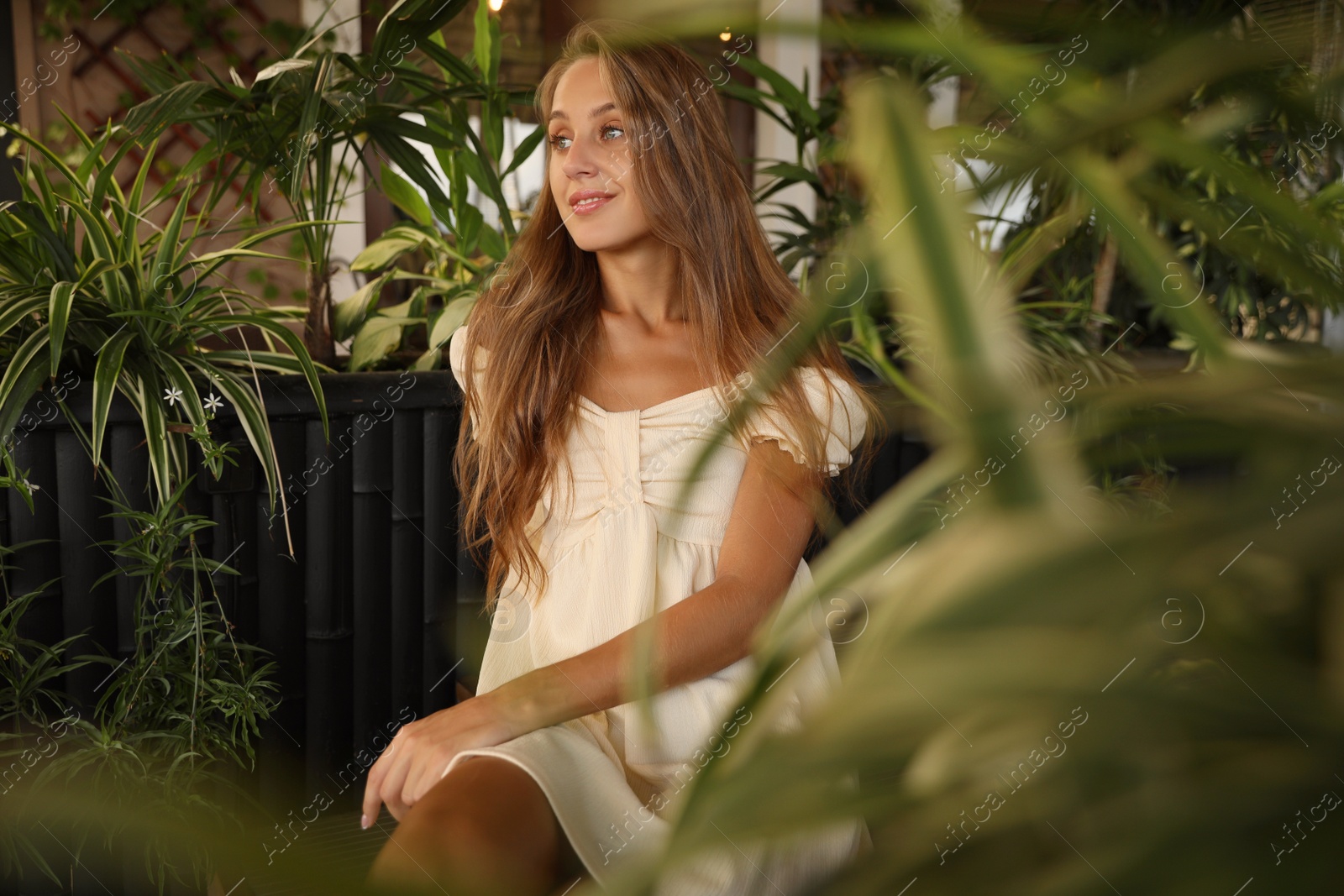 Photo of Beautiful young woman sitting on indoor terrace in cafe