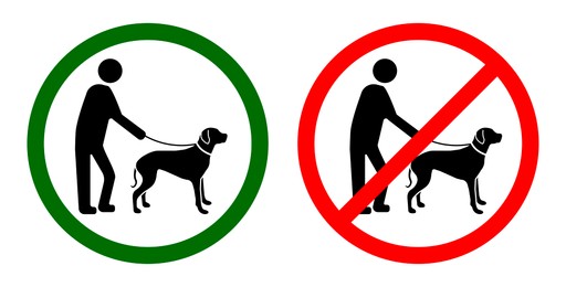 Illustration of Signs ALL PETS MUST BE ON A LEASH and NO DOGS ALLOWED on white background, collage. Illustration