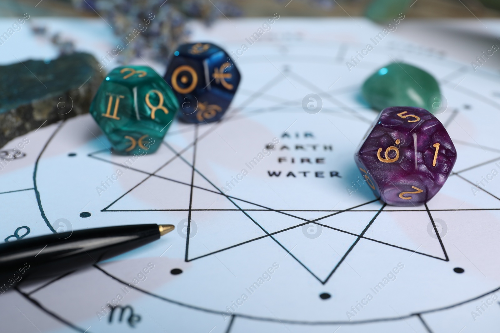 Photo of Zodiac wheel with sign triplicities, pen and astrology dices, closeup