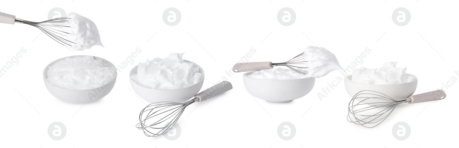 Image of Whisk and bowl with cream isolated on white, collage