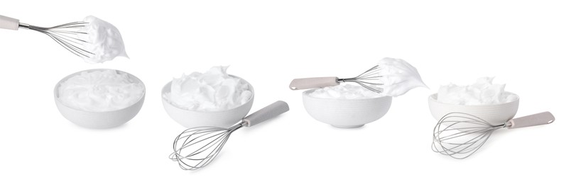 Image of Whisk and bowl with cream isolated on white, collage